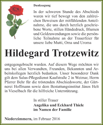 Traueranzeige von Hildegard Trotzewitz von Thüringer Allgemeine, Thüringische Landeszeitung