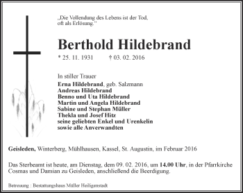 Traueranzeige von Berthold Hildebrand von Thüringer Allgemeine