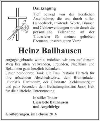 Traueranzeige von Heinz Ballhausen von Thüringer Allgemeine, Thüringische Landeszeitung