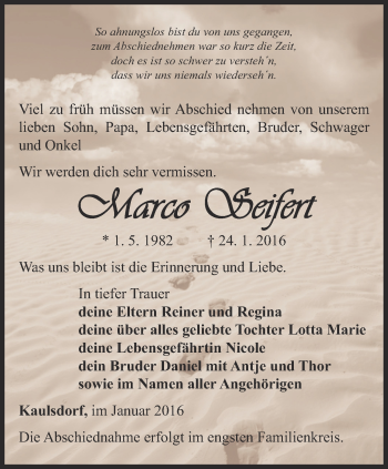 Traueranzeige von Marco Seifert von Ostthüringer Zeitung