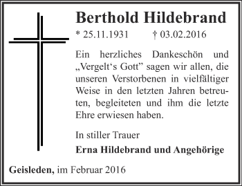 Traueranzeige von Berthold Hildebrand von Thüringer Allgemeine