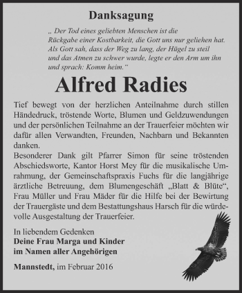 Traueranzeige von Alfred Radies von Thüringer Allgemeine