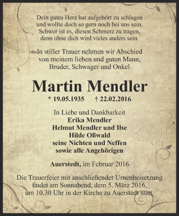 Traueranzeige von Martin Mendler von Thüringer Allgemeine, Thüringische Landeszeitung