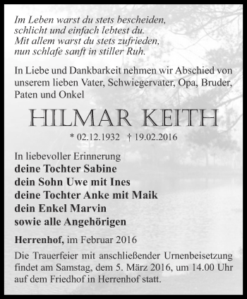 Traueranzeige von Hilmar Keith von Ostthüringer Zeitung, Thüringische Landeszeitung