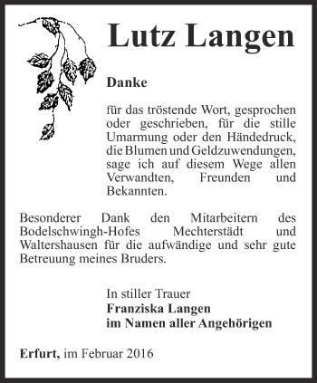 Traueranzeige von Lutz Langen von Ostthüringer Zeitung, Thüringische Landeszeitung