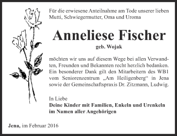 Traueranzeige von Anneliese Fischer von Ostthüringer Zeitung, Thüringische Landeszeitung