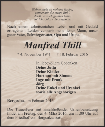 Traueranzeige von Manfred Thill von Thüringer Allgemeine, Thüringische Landeszeitung