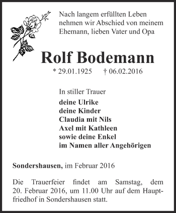 Traueranzeige von Rolf Bodemann von Thüringer Allgemeine