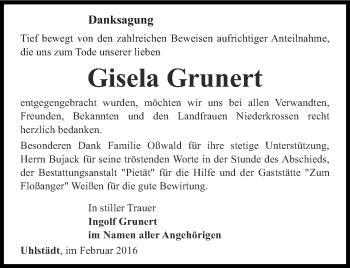 Traueranzeige von Gisela Grunert von Ostthüringer Zeitung