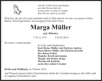 Traueranzeige von Marga Müller von Ostthüringer Zeitung