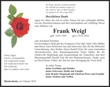 Traueranzeige von Frank Weigl von Thüringer Allgemeine, Thüringische Landeszeitung