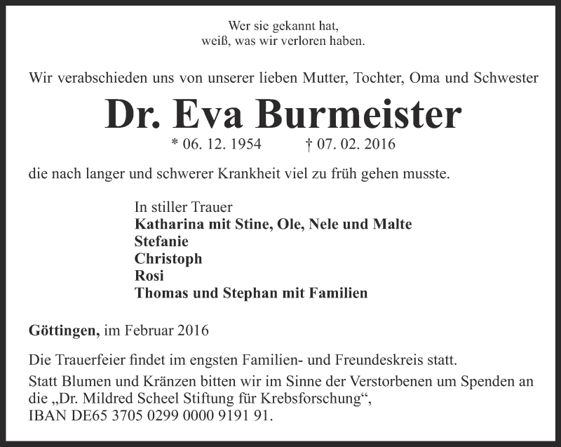  Traueranzeige für Eva Burmeister vom 13.02.2016 aus Ostthüringer Zeitung, Thüringische Landeszeitung