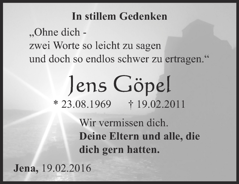  Traueranzeige für Jens Göpel vom 19.02.2016 aus Ostthüringer Zeitung