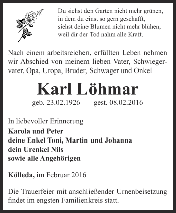 Traueranzeige von Karl Löhmar von Thüringer Allgemeine