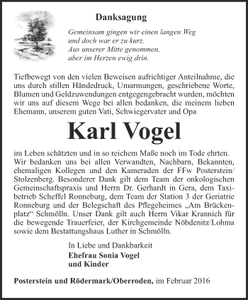 Traueranzeige von Karl Vogel von Ostthüringer Zeitung