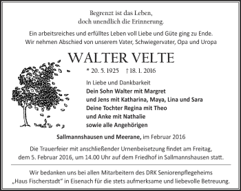 Traueranzeige von Walter Velte von Thüringer Allgemeine, Thüringische Landeszeitung