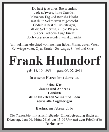 Traueranzeige von Frank Huhndorf von Thüringer Allgemeine