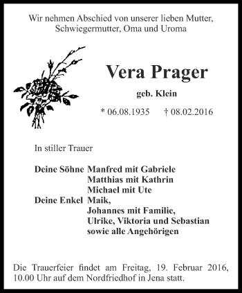 Traueranzeige von Vera Prager von Ostthüringer Zeitung, Thüringische Landeszeitung