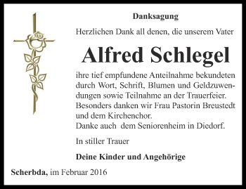 Traueranzeige von Alfred Schlegel von Thüringer Allgemeine, Thüringische Landeszeitung