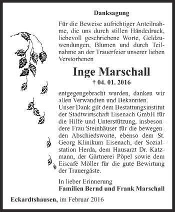 Traueranzeige von Inge Marschall von Thüringer Allgemeine, Thüringische Landeszeitung