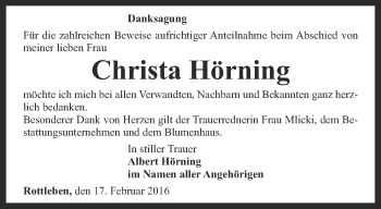 Traueranzeige von Christa Hörning von Thüringer Allgemeine