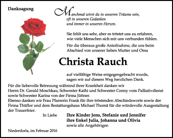 Traueranzeige von Christa Rauch von Thüringer Allgemeine, Thüringische Landeszeitung