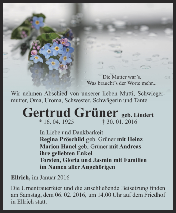 Traueranzeige von Gertrud Grüner von Thüringer Allgemeine