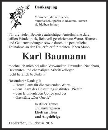 Traueranzeige von Karl Baumann von Thüringer Allgemeine