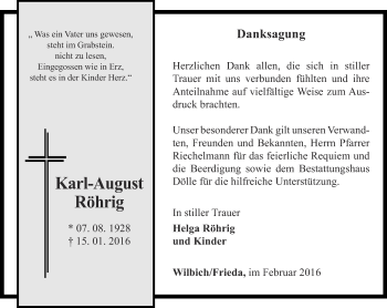 Traueranzeige von Karl August Röhrig von Thüringer Allgemeine