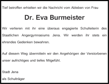 Traueranzeige von Eva Burmeister von Ostthüringer Zeitung, Thüringische Landeszeitung