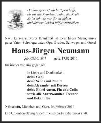 Traueranzeige von Hans-Jürgen Neumann von Ostthüringer Zeitung