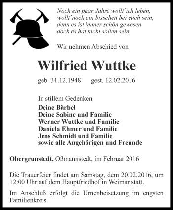 Traueranzeige von Wilfried Wuttke von Thüringer Allgemeine, Thüringische Landeszeitung