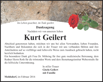 Traueranzeige von Kurt Geilert von Ostthüringer Zeitung
