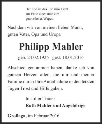 Traueranzeige von Philipp Mahler von Ostthüringer Zeitung