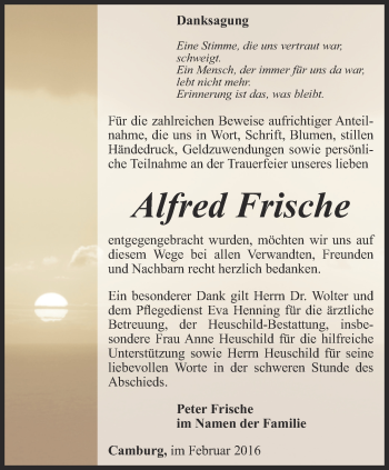 Traueranzeige von Alfred Frische von Ostthüringer Zeitung, Thüringische Landeszeitung