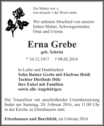 Traueranzeige von Erna Grebe von Thüringer Allgemeine, Thüringische Landeszeitung