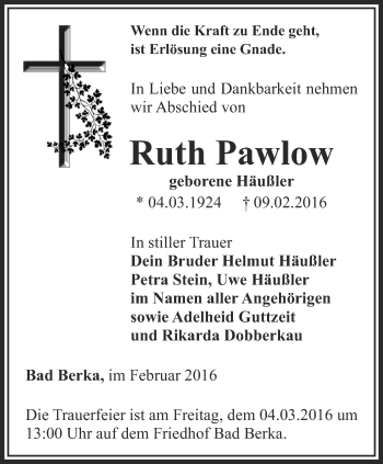 Traueranzeige von Ruth Pawlow von Thüringer Allgemeine, Thüringische Landeszeitung