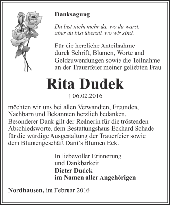 Traueranzeige von Rita Dudek von Thüringer Allgemeine