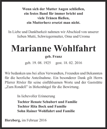 Traueranzeige von Marianne Wohlfahrt von Ostthüringer Zeitung