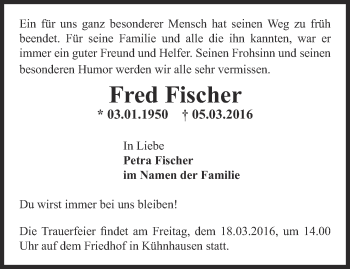 Traueranzeige von Fred Fischer von Thüringer Allgemeine, Thüringische Landeszeitung