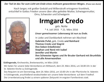 Traueranzeige von Irmgard Credo von Thüringer Allgemeine