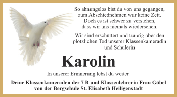 Traueranzeige von Karolin  von Thüringer Allgemeine