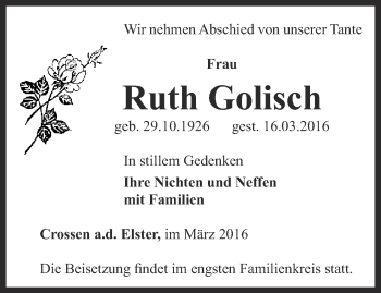 Traueranzeige von Ruth Golisch von Ostthüringer Zeitung