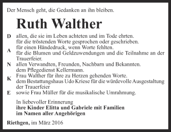 Traueranzeige von Ruth Walther von Thüringer Allgemeine