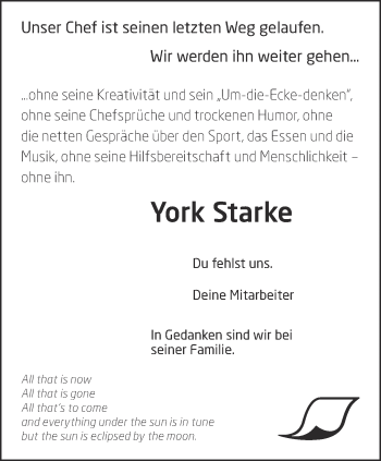Traueranzeige von York Starke von Thüringer Allgemeine