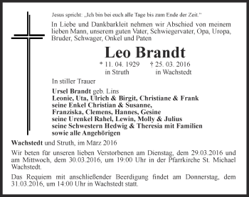 Traueranzeige von Leo Brandt von Thüringer Allgemeine, Thüringische Landeszeitung