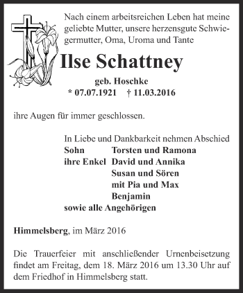 Traueranzeige von Ilse Schattney von Thüringer Allgemeine