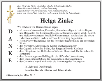 Traueranzeige von Helga Zinke von Thüringer Allgemeine