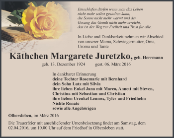 Traueranzeige von Käthchen Margarete Juretzko von Thüringer Allgemeine