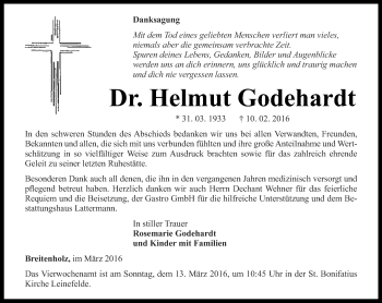 Traueranzeige von Helmut Godehardt von Thüringer Allgemeine